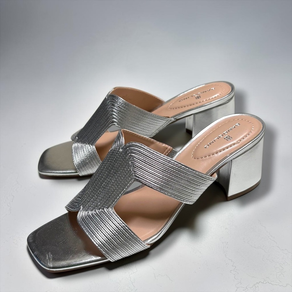 Bandolino Merily Silver Metallic Textured Block Heel Slide Sandals Square Toe 9M